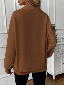 SHEIN LUNE Zipper Half Placket Long Sleeve Sweatshirt - Brown - View 2