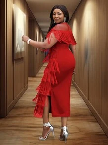 Women Red Fringe See Through Top Cap Sleeve Festival Party Tassel Dresses Midi Length New Year Party Dress - Red - View 3