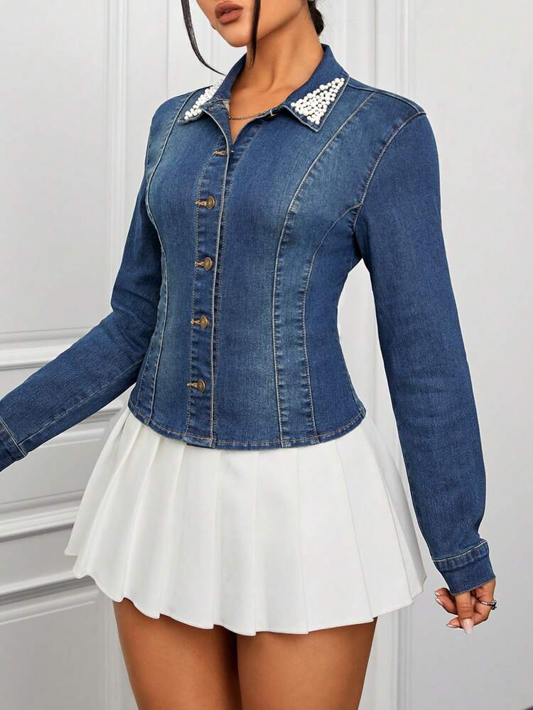 Women's Denim Shirt With Beaded Collar And Long Sleeves