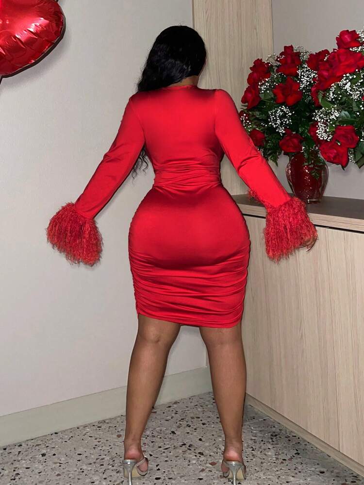 Slayr Plus Size Elegant Sexy Skin-Tight Hollow-Out Faux Fur Splice Drawstring Hem Long Dress For Women, Valentine's Day
