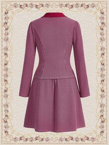 Vintamour Women's Houndstooth Pattern Pleated Long Sleeve Top And Skirt Set - Pink - View 4