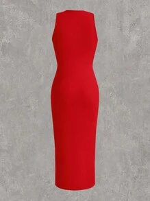 SHEIN EZwear Dress Ukuran Plus Tombol Ruched Split Thigh Plain Anggun - Merah - View 2