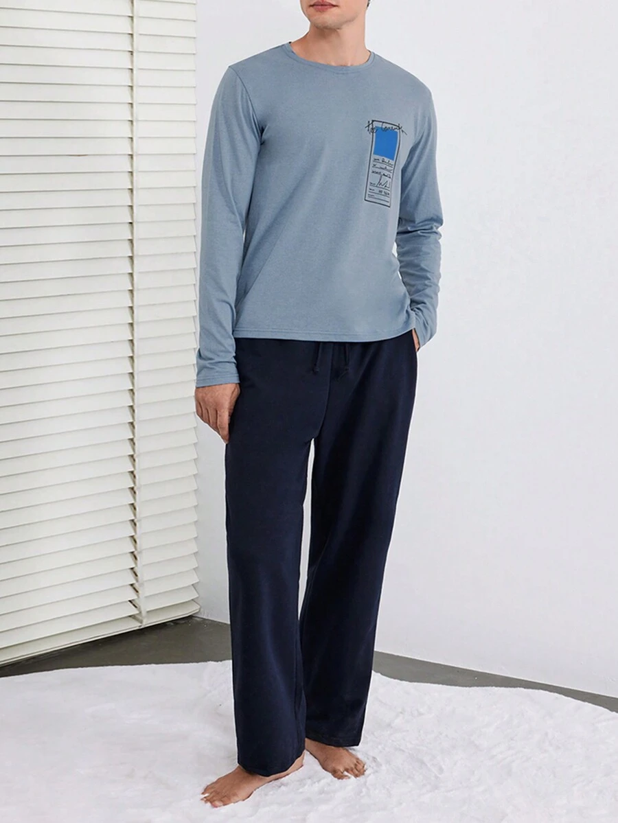 RueChic Men Slogan Graphic PJ Set - Baby Blue - View 1