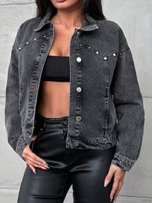 EURMUSE Women's Beaded Denim Jacket - Grey - View 3