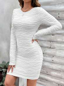 SHEIN Clasi Women's Solid Color With Textured Fabric Bodycon Dress - White - View 3