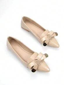 Women's Gold-Tone Hardware Buckled Bowknot Decoration Pointed Toe Daily Flats In Apricot Patent Leather - Apricot - View 4