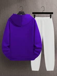 Manfinity Homme Men's Loose Fit Hoodie And Sweatpants Set With Letter Print And Drawstring - Purple - View 2
