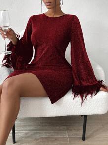 Zolique Của phụ nữ 	
Fuzzy Cổ tay áo Vòng cổ Đầm Áo len - Màu Đỏ Sâu - Xem 4