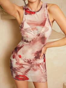 SHEIN BAE 女士蝴蝶印花透視無袖連衣裙 - 紅色 - 查看 2