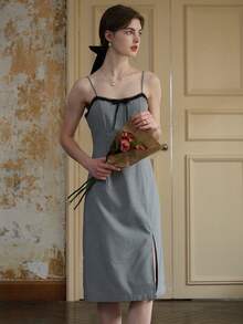 涤纶千鸟格纹系带吊带裙 - 黑與白 - 查看 4