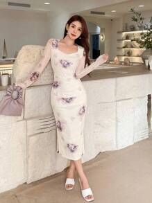 DAZY Váy lưới hoa dài tay dành cho nữ, Quần áo mùa thu dành cho nữ - trắng - Xem 4