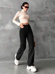 SHEIN Cottnline Ladies Solid Color Straight Leg Jeans - Black - View 5