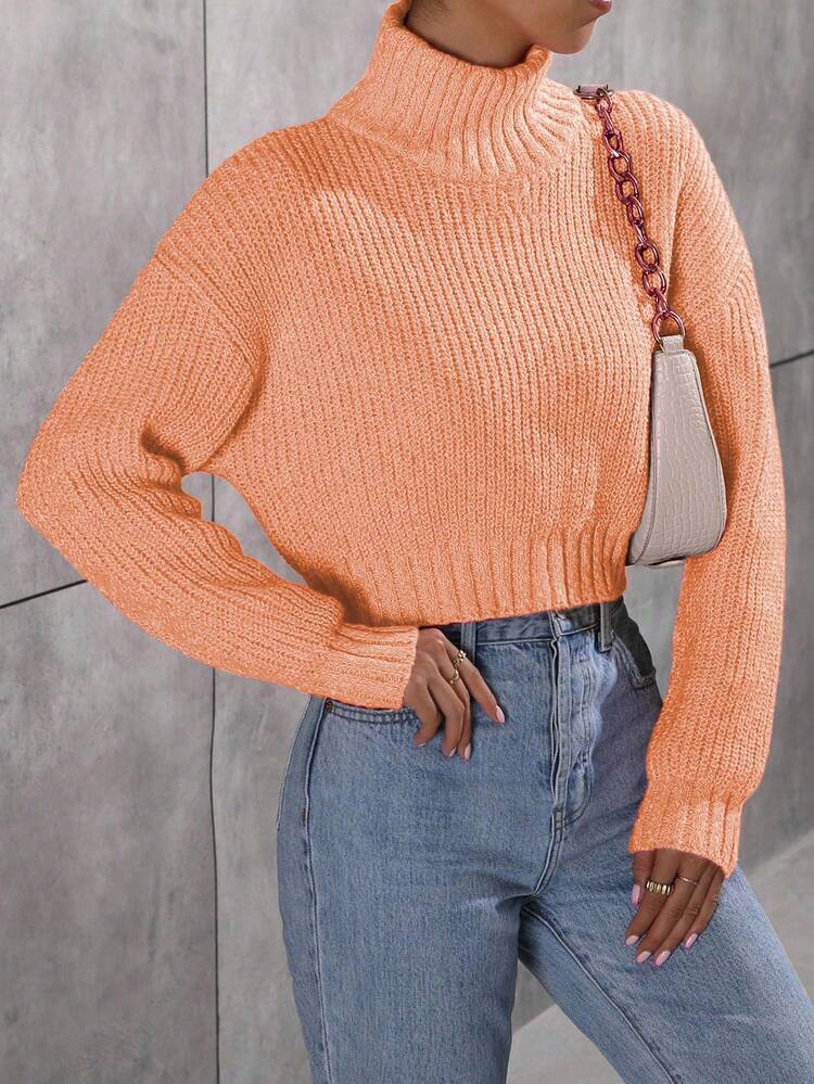 Solid Color High Neck Cropped Sweater Pullover Knit Pullover Fall Winter Sweater