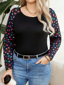 SHEIN LUNE Plus Size Heart Print Raglan Sleeve T-Shirt - Multicolor - View 1