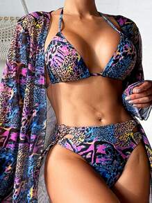 SHEIN Swim Bộ bikini in họa tiết đầy đủ cho nữ + Kimono mùa hè - Nhiều màu - Xem 3