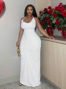 Slaydiva Slayr Plus 优雅白色紧身吊带系带褶皱连衣裙，适合情人节、约会之夜、俱乐部、舞会、性感 - 白色 - 查看 5