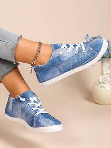 女士新款休閒輕便舒適的圓頭系帶平底運動鞋 - 藍色 - 查看 3