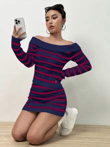 Flirla Của phụ nữ Off Shoulder Tay áo dài Sọc Áo len Và Váy len nửa mảnh Hai chiếc Bộ - Xanh đậm - Xem 7