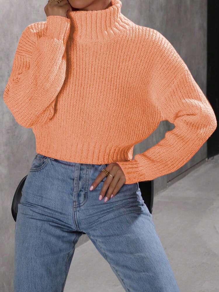 Solid Color High Neck Cropped Sweater Pullover Knit Pullover Fall Winter Sweater
