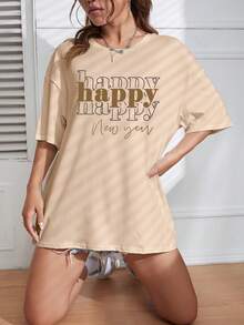 SHEIN EZwear Ladies' Chinese New Year Slogan Print T-Shirt - Apricot - View 3