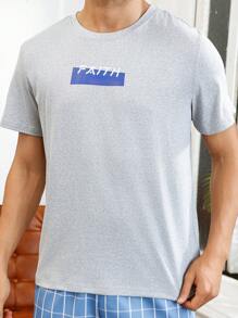 Men'S Short Sleeve Home Service Letter Print Top - Grey - View 4