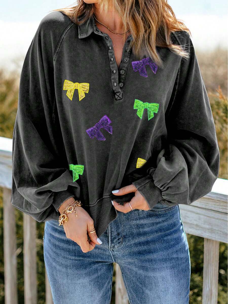 閃亮瑪蒂葛拉特半扣拉根袖運動衫,綁蝴蝶結圖形 - 彩色 - 查看 1