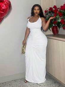 Slaydiva Slayr Plus 优雅白色紧身吊带系带褶皱连衣裙，适合情人节、约会之夜、俱乐部、舞会、性感 - 白色 - 查看 2