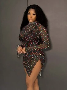 Slaydiva Pleated Heart Shaped High Neck Dress - Multicolor - View 6