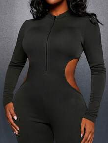 Slaydiva Bộ áo liền quần Bodycon có khóa kéo nửa túi rỗng có eo cao - màu đen - Xem 5