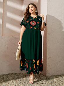 Al Najma Plus Size Random Printed Short Sleeve Dress Maxi Women Outfit - Dark Green - View 4