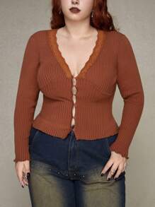 ROMWE PUNK Plus Size Lace Embellished Long Sleeve Cardigan - Coffee Brown - View 6