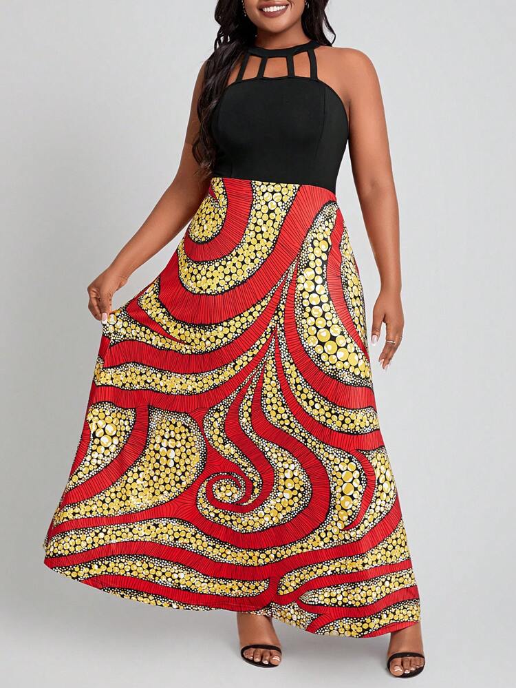 Plus Size Women'S Printed Patchwork Hollow Out Halter Dress