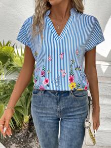 EMERY ROSE Quý cô Sọc Hoa In tay cánh Áo sơ mi - Màu xanh lam - Xem 5