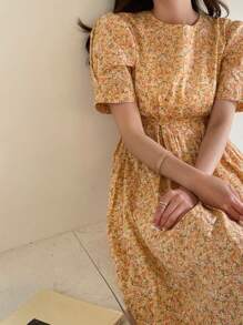 DAZY 女士短袖圆领碎花连衣裙田园风连衣裙吊带裙度假装 - 亮橙色 - 查看 1