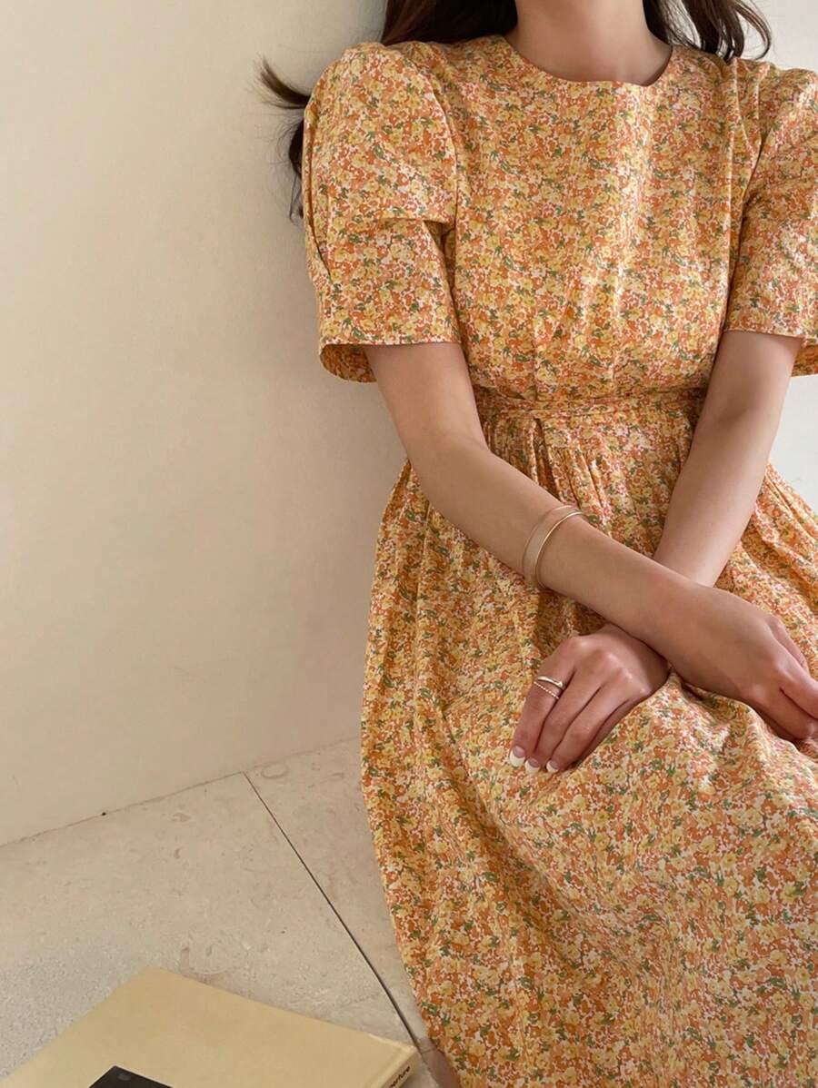 DAZY 女士短袖圆领碎花连衣裙田园风连衣裙吊带裙度假装 - 亮橙色 - 查看 1