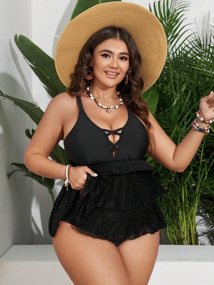 Plus Size Summer Beach Lace Spliced Criss Cross Design Vest Style Swiss Dress Music Festival