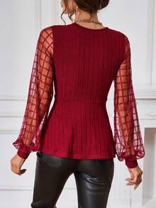 SHEIN Clasi 格紋網紗燈籠袖肋編針織上衣 - 酒紅色 - 查看 2