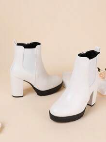 女性厚底高跟防水平臺圓頭彈力側拉鍊時尚白色靴子,適用於春季、秋季、冬季 - 白色 - 查看 5