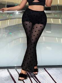 SHEIN ICON 女大尺碼星星提花高腰喇叭褲 - 黑色 - 查看 5