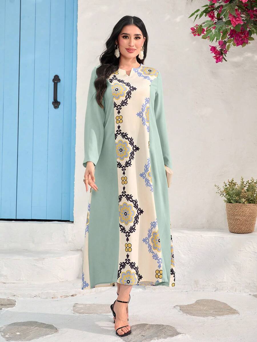 Al Najma Notch Neck Long Sleeve Dress - Green - View 1
