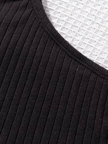 SHEIN Conjunto De Top De Un Hombro De Punto De Color Sólido Para Niñas Preadolescentes Y Pantalones Cortos Tejidos De Dos Bolsillos De Color Sólido - Multicolor - Ver 3