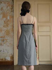 涤纶千鸟格纹系带吊带裙 - 黑與白 - 查看 3