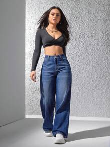 SHEIN EZwear Straight Leg Jeans With Stone Wash - Blue - View 6