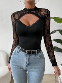 SHEIN Unity Women's Lace Patchwork Hollow Out Top - Black - View 1