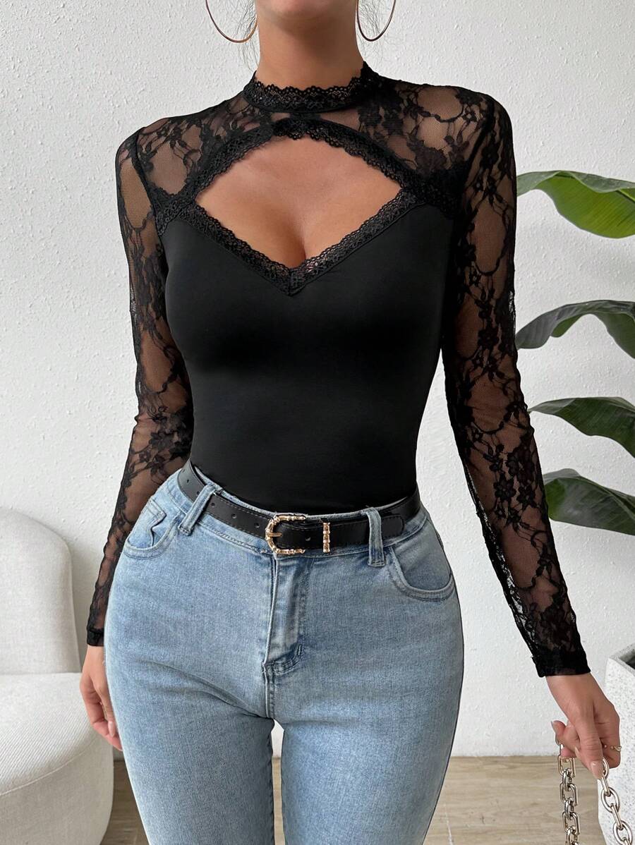 SHEIN Unity Women's Lace Patchwork Hollow Out Top - Black - View 1