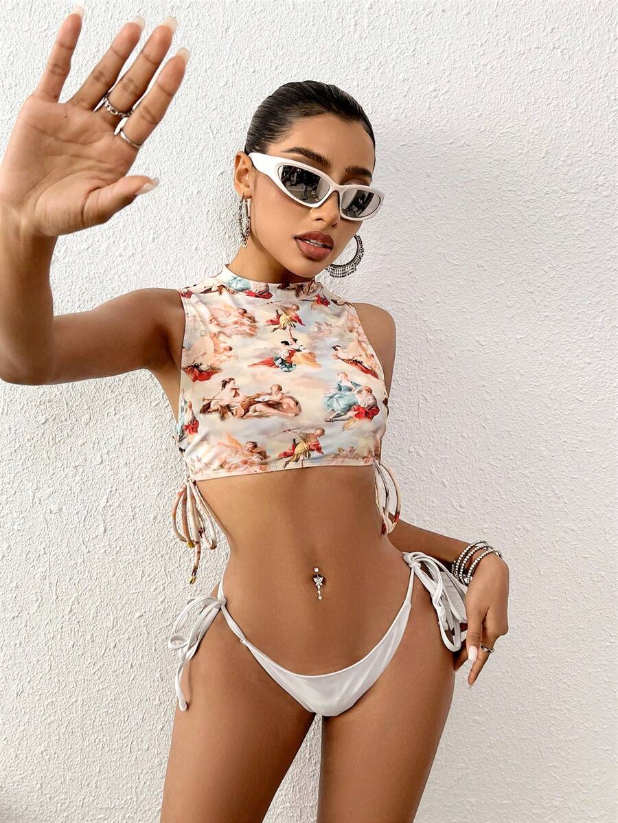SHEIN Swim Women's Stand Collar Drawstring Side Swimwear Top Music Festival Summer - Multicolor - View 1