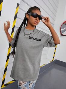 SHEIN Tween 女孩針織星星印花圓領常規版型 T 卹,適合日常休閒