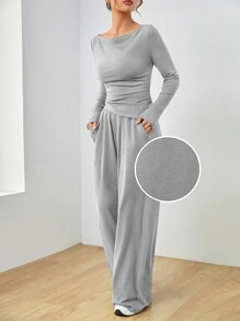 SHEIN EZwear Dệt kim Của phụ nữ Tay áo dài Áo thun Và Quần Bộ - Màu Xám nhạt - Xem 4