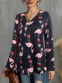 Women's Casual V-Neck Flamingo Printed T-Shirt - Black - View 1