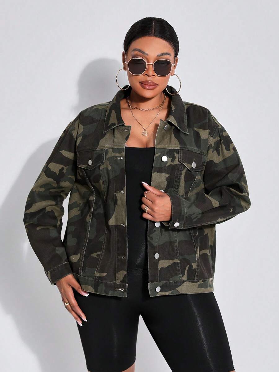 SHEIN SXY 加大號女士迷彩時尚牛仔外套 - 彩色 - 查看 1